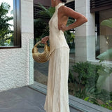 Pleated Halter Top and Wide-Leg Trousers Two-Piece Set
