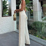 Pleated Halter Top and Wide-Leg Trousers Two-Piece Set
