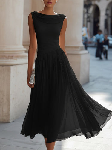 Pleated Midi Dress with Draped Neckline - Sleeveless Elegant Evening Dress