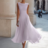 Pleated Midi Dress with Draped Neckline - Sleeveless Elegant Evening Dress