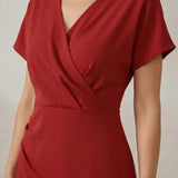 Short Sleeve Faux Wrap Midi Dress with Side Slit