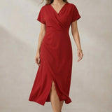 Short Sleeve Faux Wrap Midi Dress with Side Slit