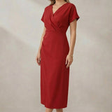 Short Sleeve Faux Wrap Midi Dress with Side Slit