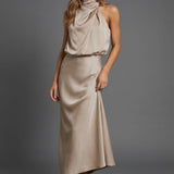 Sleeveless Draped Halterneck Satin Midi Dress