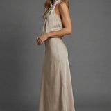 Sleeveless Draped Halterneck Satin Midi Dress