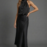 Sleeveless Draped Halterneck Satin Midi Dress