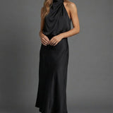 Sleeveless Draped Halterneck Satin Midi Dress