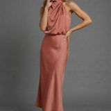 Sleeveless Draped Halterneck Satin Midi Dress