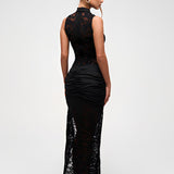 Sleeveless High Neck Lace Slit Evening Maxi Dress