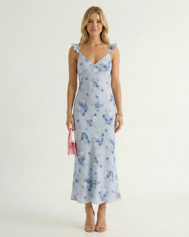 Spaghetti Strap Floral Print Backless V-Neck Midi Beach Dress