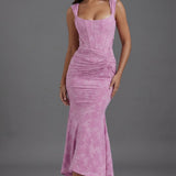 Square Neck Corset Fishtail Maxi Dress in Floral Jacquard