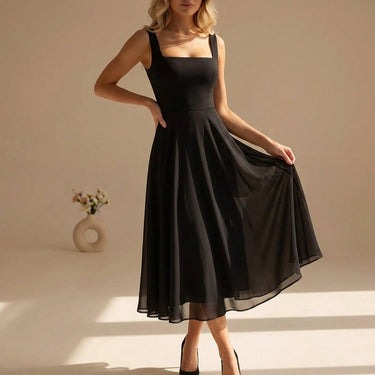 Square Neckline Chiffon Sleeveless Wide Strap A-Line Midi Dress