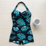 Women's Swimwear Halter Neck One Piece Boy Shorts Tropical Leaves - scale