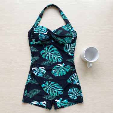 Women's Swimwear Halter Neck One Piece Boy Shorts Tropical Leaves - scale