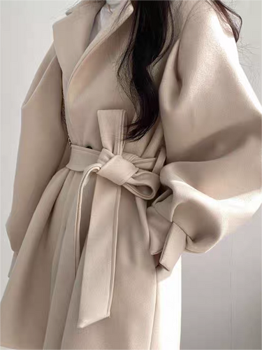 Lapel Collar Puff Sleeve Coat with Belt 3