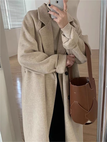 Classic Double-Breasted Long Coat with Lapel Collar and Belt 3