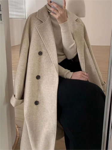 Classic Double-Breasted Long Coat with Lapel Collar and Belt 1