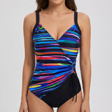 Women's One Piece Swimsuit V-Neck With Ruched Side And Tie - Black
