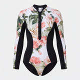 Long Sleeve Swimsuit Floral Print Front Zipper Closure - Dark Green