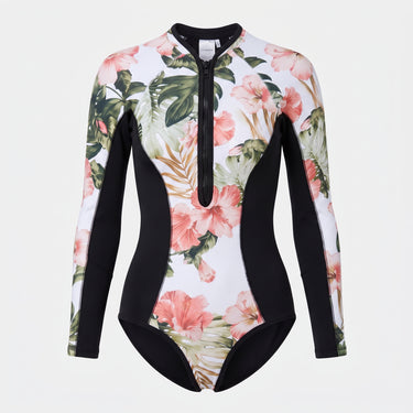 Long Sleeve Swimsuit Floral Print Front Zipper Closure - Dark Green