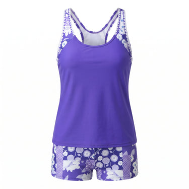 Women's Tankini Set Two Piece With Floral Print Swim Shorts - Purple