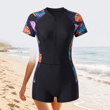 Women's Swimwear Streamlined Rash Guard Front-Zip - White Pattern
