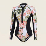 Long Sleeve Swimsuit Floral Print Front Zipper Closure - White