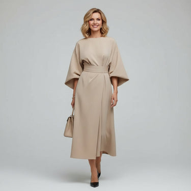 Wide Sleeve Round Neck Belted Midi Dress for Everyday Elegance