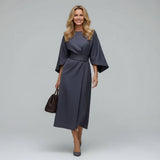 Wide Sleeve Round Neck Belted Midi Dress for Everyday Elegance