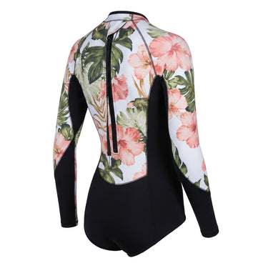Long Sleeve Swimsuit Floral Print Front Zipper Closure - angle