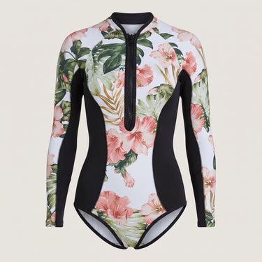 Long Sleeve Swimsuit Floral Print Front Zipper Closure - hero