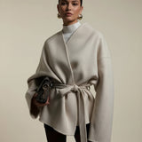 Women's Elegant Tie Waist Beige Tailored Coat
