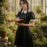 Women's Halloween Costume Gothic Schoolgirl Dress With White Collar And Long Sleeves Iconic Aesthetic - Image 2