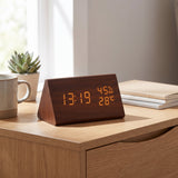 Wooden Digital Clock Triangular Design With Temperature And Humidity Display - Image 1