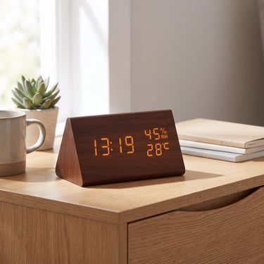 Wooden Digital Clock Triangular Design With Temperature And Humidity Display - Image 1