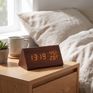 Wooden Digital Clock Triangular Design With Temperature And Humidity Display - Image 1
