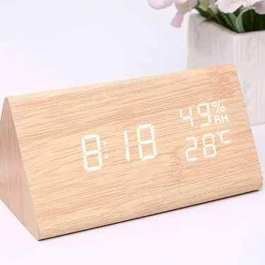 Wooden Digital Clock Triangular Design With Temperature And Humidity Display - Image 5