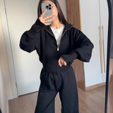 Zip-Up Knit Jacket and Wide-Leg Trousers Two-Piece Set
