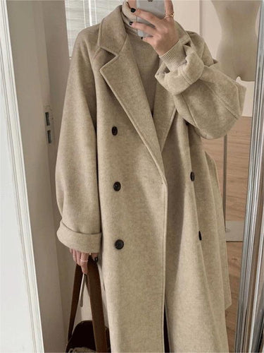 Classic Double-Breasted Long Coat with Lapel Collar and Belt 2