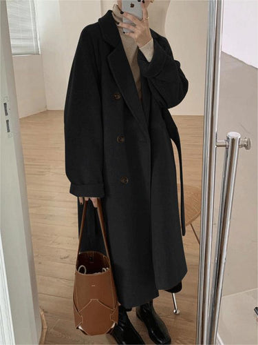 Classic Double-Breasted Long Coat with Lapel Collar and Belt 5