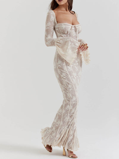 Elegant Lace Maxi Dress with Corset Bodice