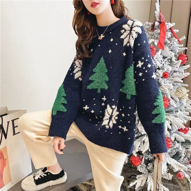 2024 Autumn/Winter New Korean Thickened Color blocked Christmas Sweater Women Hoodie Snowflake Loose Round Neck Lazy Style Tops 2