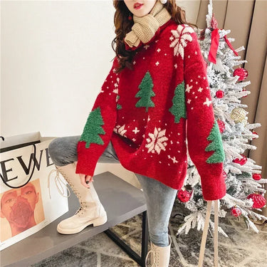 2024 Autumn/Winter New Korean Thickened Color blocked Christmas Sweater Women Hoodie Snowflake Loose Round Neck Lazy Style Tops 5