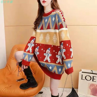 2025 Autumn Winter New Loose Oversized Sweater Women Christmas Snowflake Knitted Longline Thickened Pullover 5