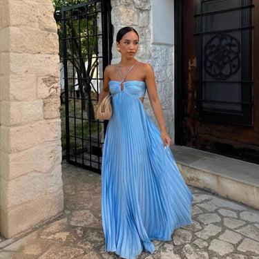 2025 New Women's Fashionable and Elegant Summer Camisole Beach Vacation Long Dress Elegant Backless Pleated Long Dress 7