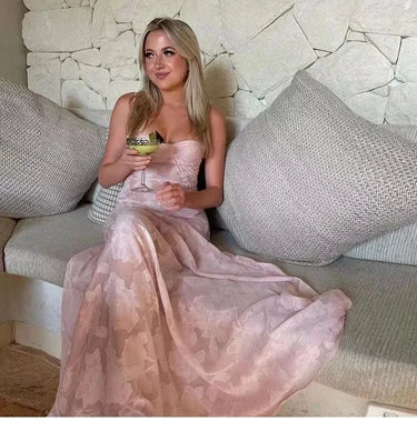 2025 Summer French Style Female Pink Wedding Dress See Through Sexy Strapless Women's Dobby Lace Dress Lady Mesh Party Dresses 3