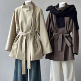 2025 Women Autumn Khaki Trench Coat Stand Collar Women Loose Style Coat With Belt Casaco Feminino New Trench Femme 2