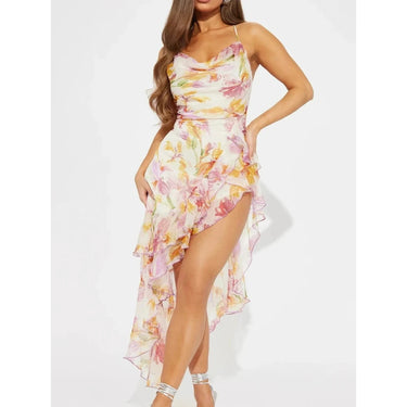 2025 sexy hot girl floral new suspender hanging neck, low cut irregular design sense, imperial style dress 0