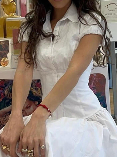 White Vintage Slim Waist V Neck Short Sleeve Shirt 4