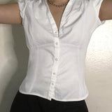 White Vintage Slim Waist V Neck Short Sleeve Shirt 2